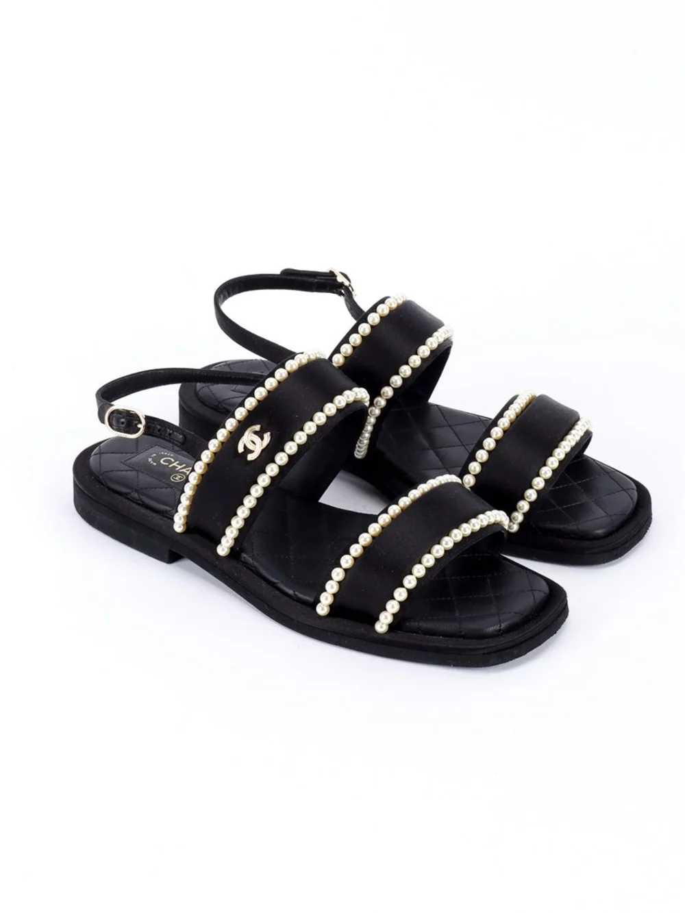 CC Black Satin and Pearl-Trim Cruise Slingback Sandals